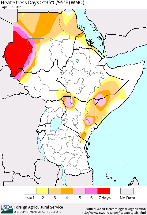 Eastern Africa Heat Stress Days >=35°C/95°F (WMO) Thematic Map For 4/3/2023 - 4/9/2023