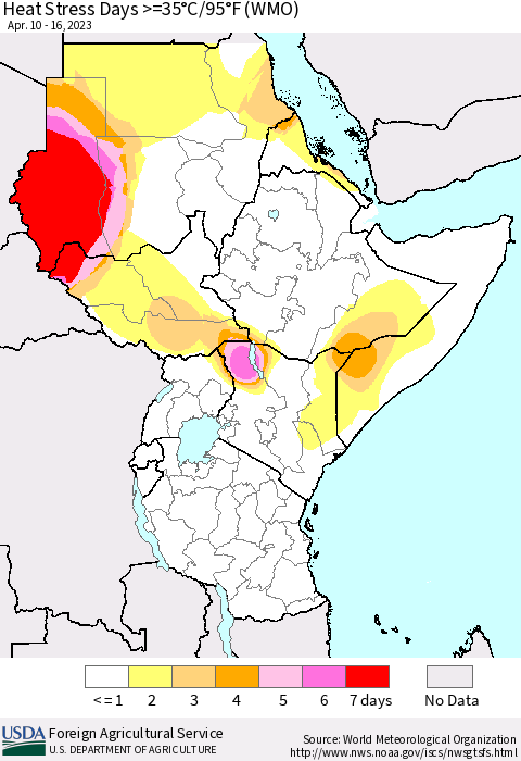 Eastern Africa Heat Stress Days >=35°C/95°F (WMO) Thematic Map For 4/10/2023 - 4/16/2023