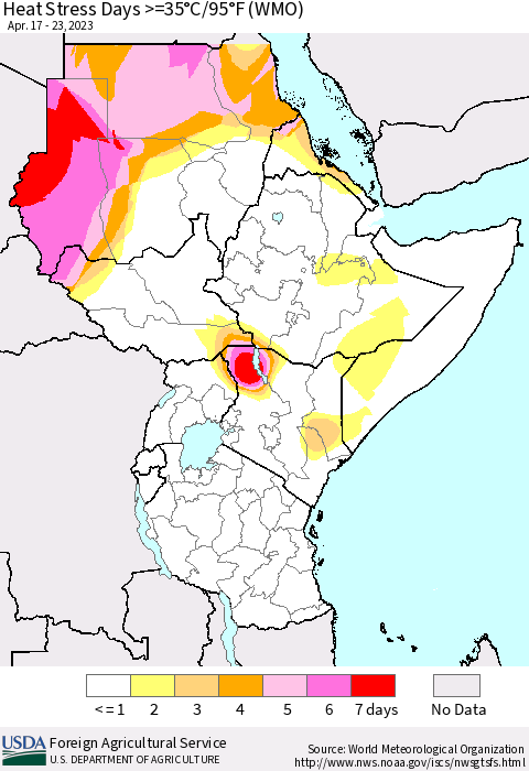 Eastern Africa Heat Stress Days >=35°C/95°F (WMO) Thematic Map For 4/17/2023 - 4/23/2023