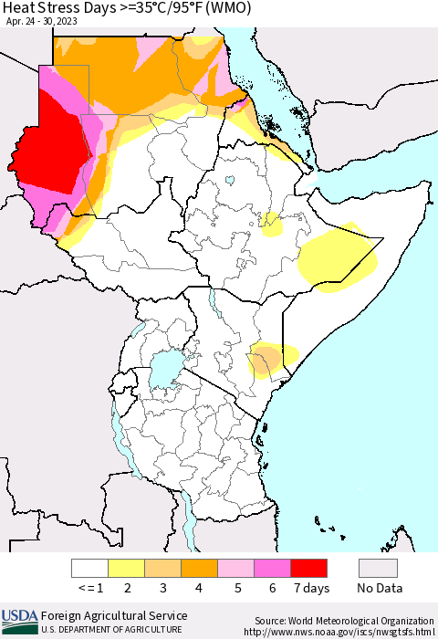 Eastern Africa Heat Stress Days >=35°C/95°F (WMO) Thematic Map For 4/24/2023 - 4/30/2023