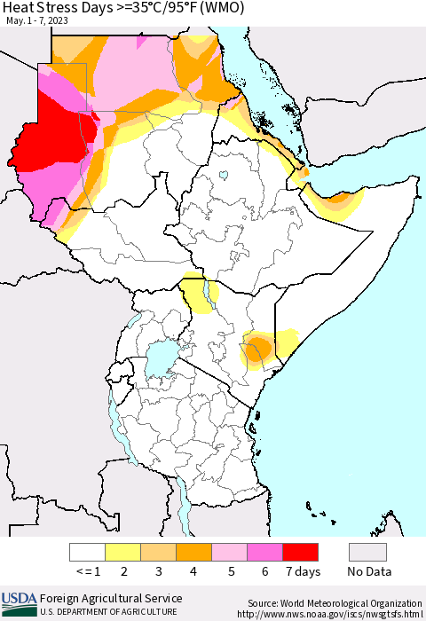 Eastern Africa Heat Stress Days >=35°C/95°F (WMO) Thematic Map For 5/1/2023 - 5/7/2023