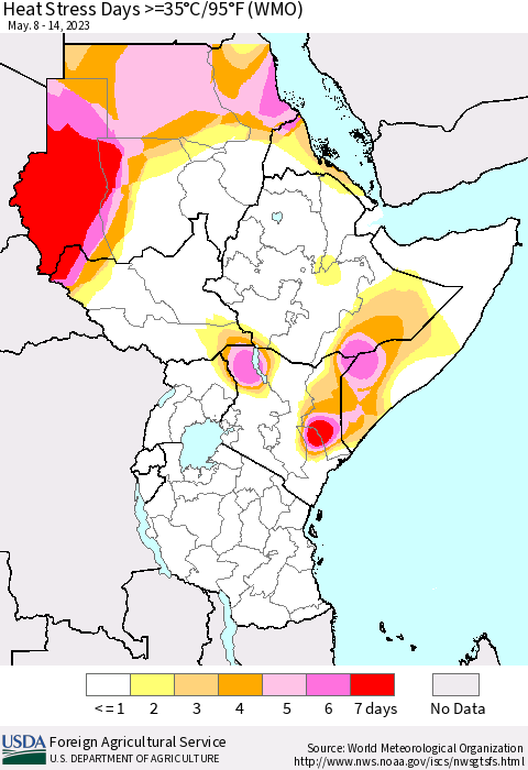 Eastern Africa Heat Stress Days >=35°C/95°F (WMO) Thematic Map For 5/8/2023 - 5/14/2023
