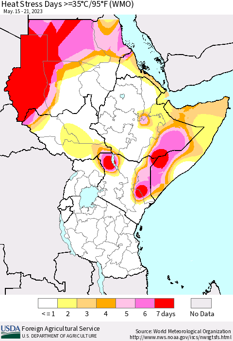 Eastern Africa Heat Stress Days >=35°C/95°F (WMO) Thematic Map For 5/15/2023 - 5/21/2023