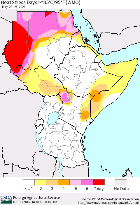 Eastern Africa Heat Stress Days >=35°C/95°F (WMO) Thematic Map For 5/22/2023 - 5/28/2023