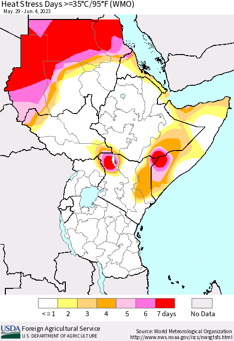Eastern Africa Heat Stress Days >=35°C/95°F (WMO) Thematic Map For 5/29/2023 - 6/4/2023