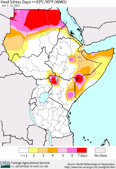Eastern Africa Heat Stress Days >=35°C/95°F (WMO) Thematic Map For 6/5/2023 - 6/11/2023