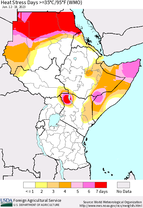 Eastern Africa Heat Stress Days >=35°C/95°F (WMO) Thematic Map For 6/12/2023 - 6/18/2023