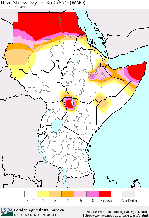 Eastern Africa Heat Stress Days >=35°C/95°F (WMO) Thematic Map For 6/19/2023 - 6/25/2023
