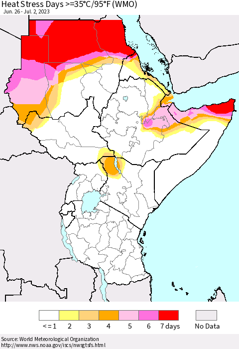Eastern Africa Heat Stress Days >=35°C/95°F (WMO) Thematic Map For 6/26/2023 - 7/2/2023