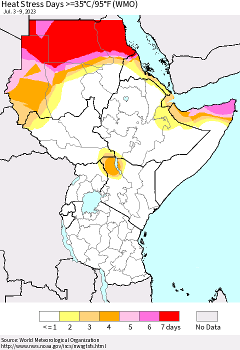 Eastern Africa Heat Stress Days >=35°C/95°F (WMO) Thematic Map For 7/3/2023 - 7/9/2023