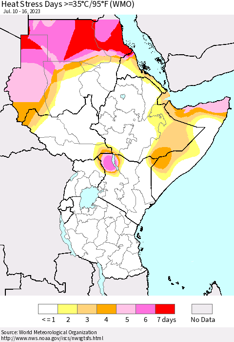 Eastern Africa Heat Stress Days >=35°C/95°F (WMO) Thematic Map For 7/10/2023 - 7/16/2023