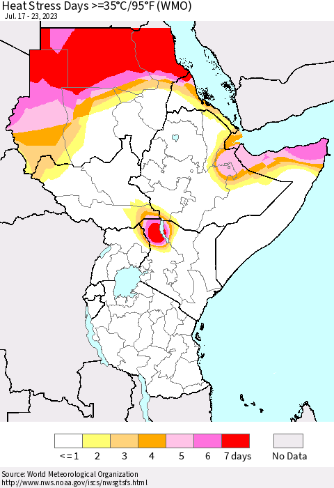 Eastern Africa Heat Stress Days >=35°C/95°F (WMO) Thematic Map For 7/17/2023 - 7/23/2023