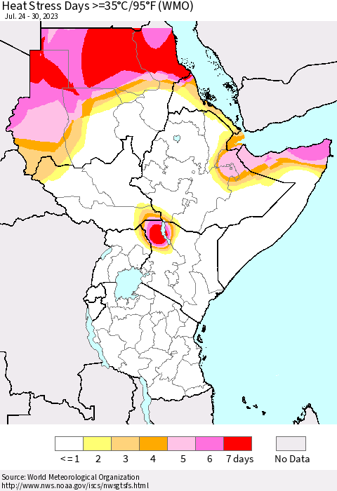 Eastern Africa Heat Stress Days >=35°C/95°F (WMO) Thematic Map For 7/24/2023 - 7/30/2023
