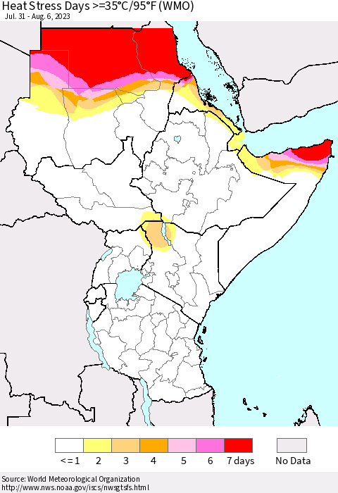 Eastern Africa Heat Stress Days >=35°C/95°F (WMO) Thematic Map For 7/31/2023 - 8/6/2023