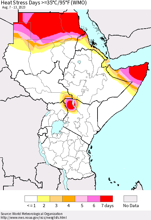 Eastern Africa Heat Stress Days >=35°C/95°F (WMO) Thematic Map For 8/7/2023 - 8/13/2023