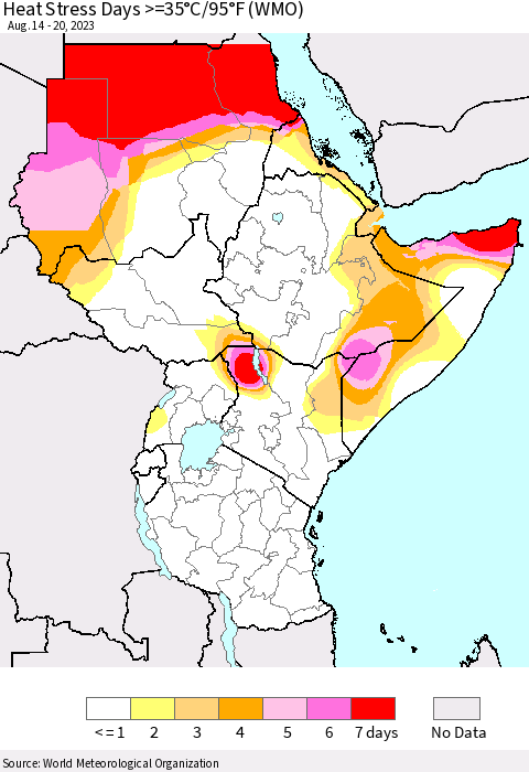 Eastern Africa Heat Stress Days >=35°C/95°F (WMO) Thematic Map For 8/14/2023 - 8/20/2023