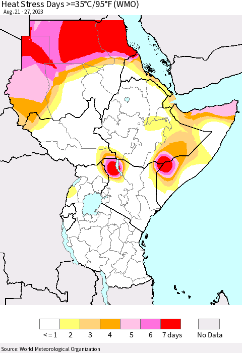 Eastern Africa Heat Stress Days >=35°C/95°F (WMO) Thematic Map For 8/21/2023 - 8/27/2023