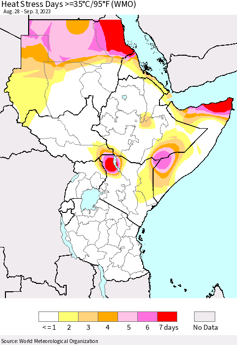 Eastern Africa Heat Stress Days >=35°C/95°F (WMO) Thematic Map For 8/28/2023 - 9/3/2023