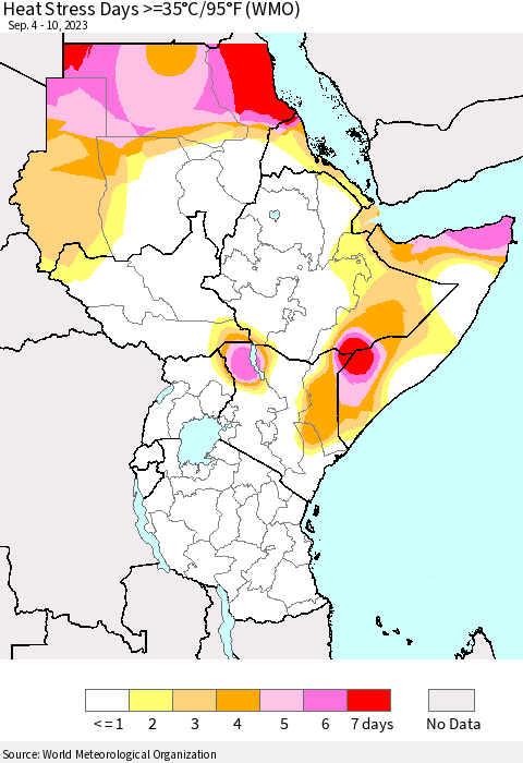 Eastern Africa Heat Stress Days >=35°C/95°F (WMO) Thematic Map For 9/4/2023 - 9/10/2023