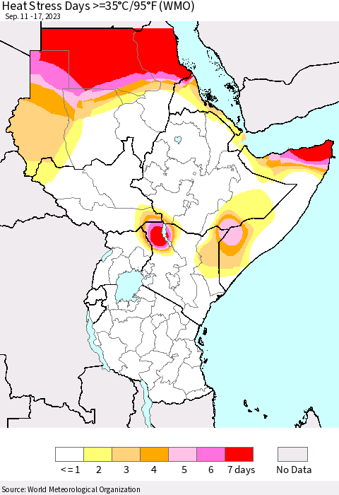 Eastern Africa Heat Stress Days >=35°C/95°F (WMO) Thematic Map For 9/11/2023 - 9/17/2023