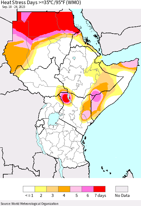 Eastern Africa Heat Stress Days >=35°C/95°F (WMO) Thematic Map For 9/18/2023 - 9/24/2023