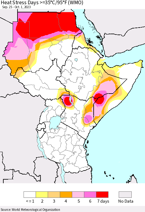 Eastern Africa Heat Stress Days >=35°C/95°F (WMO) Thematic Map For 9/25/2023 - 10/1/2023