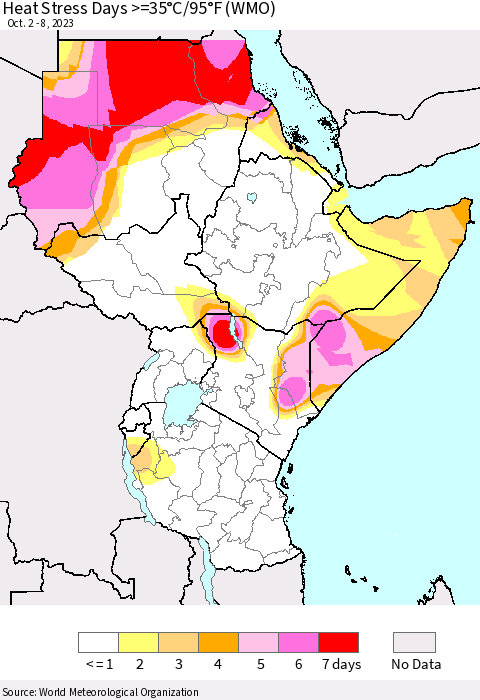 Eastern Africa Heat Stress Days >=35°C/95°F (WMO) Thematic Map For 10/2/2023 - 10/8/2023
