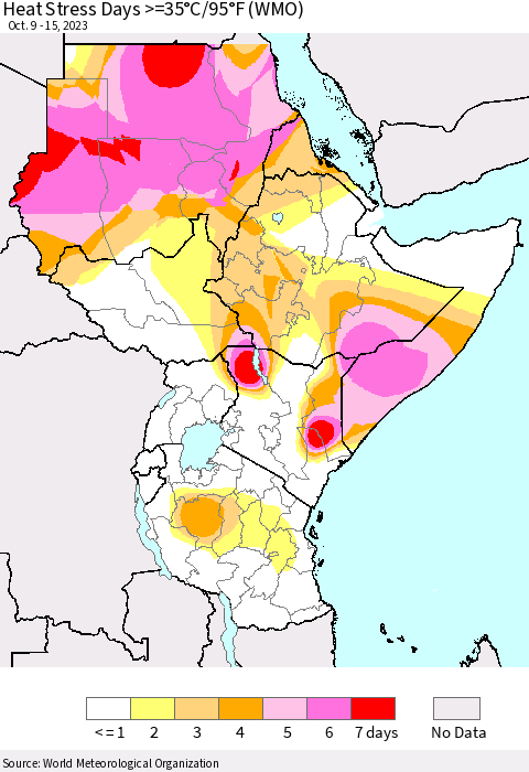 Eastern Africa Heat Stress Days >=35°C/95°F (WMO) Thematic Map For 10/9/2023 - 10/15/2023