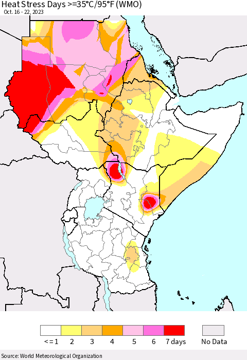 Eastern Africa Heat Stress Days >=35°C/95°F (WMO) Thematic Map For 10/16/2023 - 10/22/2023