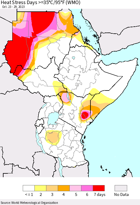Eastern Africa Heat Stress Days >=35°C/95°F (WMO) Thematic Map For 10/23/2023 - 10/29/2023