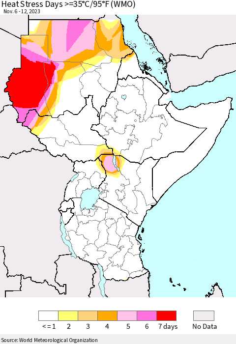Eastern Africa Heat Stress Days >=35°C/95°F (WMO) Thematic Map For 11/6/2023 - 11/12/2023