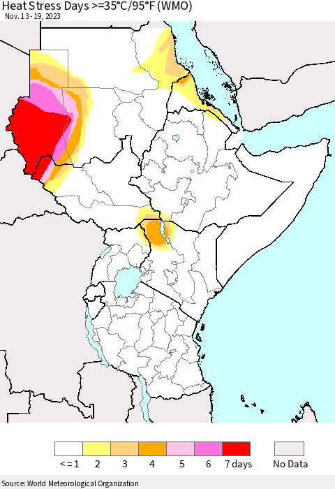 Eastern Africa Heat Stress Days >=35°C/95°F (WMO) Thematic Map For 11/13/2023 - 11/19/2023