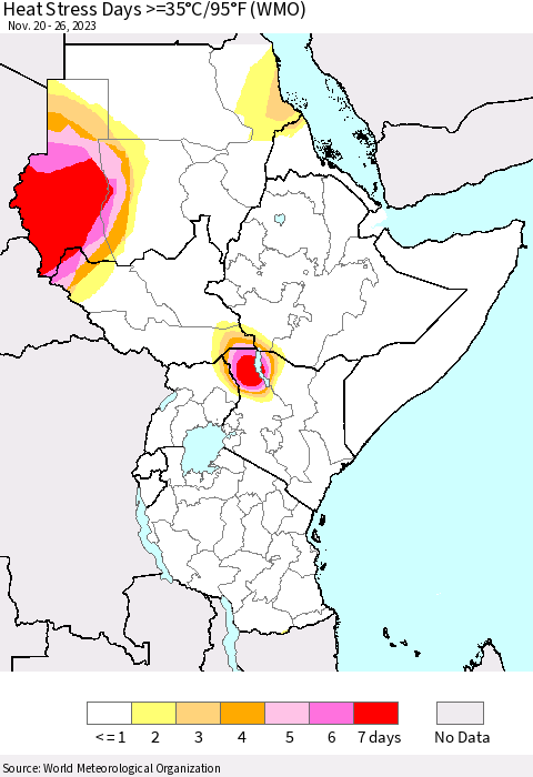 Eastern Africa Heat Stress Days >=35°C/95°F (WMO) Thematic Map For 11/20/2023 - 11/26/2023