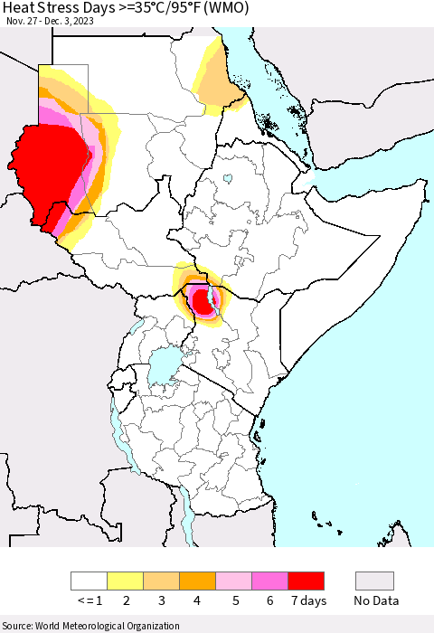 Eastern Africa Heat Stress Days >=35°C/95°F (WMO) Thematic Map For 11/27/2023 - 12/3/2023