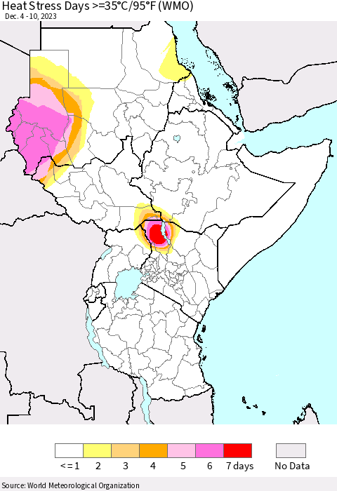 Eastern Africa Heat Stress Days >=35°C/95°F (WMO) Thematic Map For 12/4/2023 - 12/10/2023