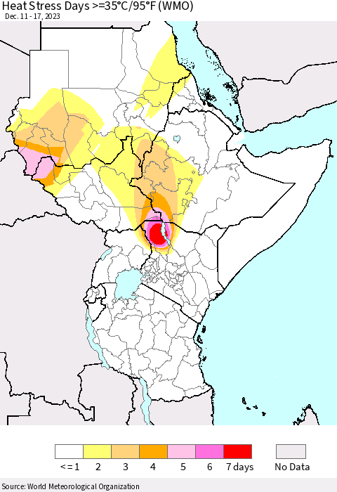 Eastern Africa Heat Stress Days >=35°C/95°F (WMO) Thematic Map For 12/11/2023 - 12/17/2023