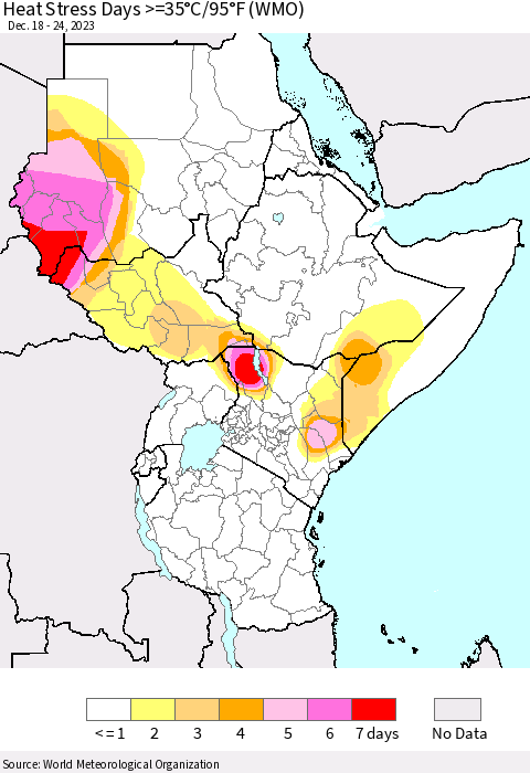 Eastern Africa Heat Stress Days >=35°C/95°F (WMO) Thematic Map For 12/18/2023 - 12/24/2023