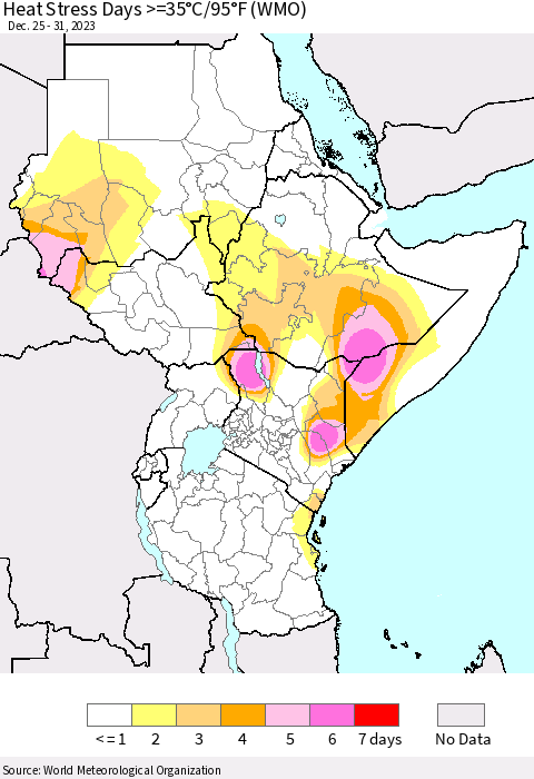 Eastern Africa Heat Stress Days >=35°C/95°F (WMO) Thematic Map For 12/25/2023 - 12/31/2023
