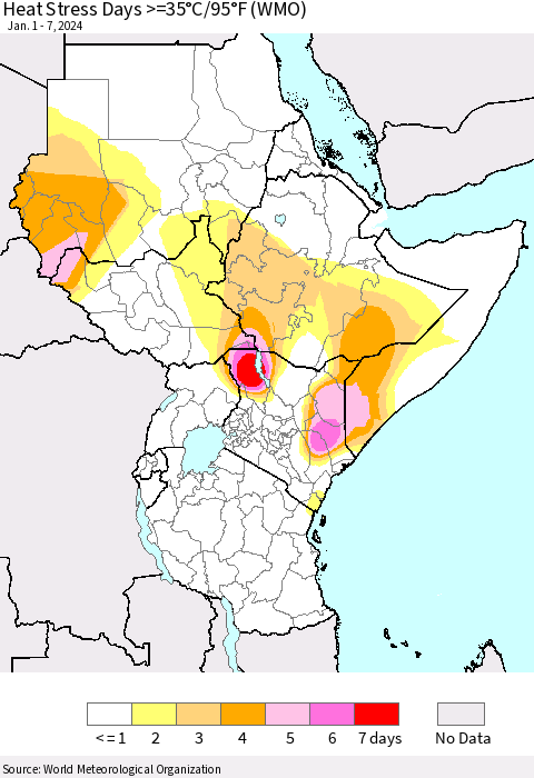 Eastern Africa Heat Stress Days >=35°C/95°F (WMO) Thematic Map For 1/1/2024 - 1/7/2024