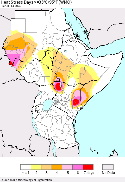 Eastern Africa Heat Stress Days >=35°C/95°F (WMO) Thematic Map For 1/8/2024 - 1/14/2024