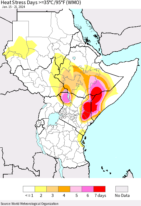Eastern Africa Heat Stress Days >=35°C/95°F (WMO) Thematic Map For 1/15/2024 - 1/21/2024