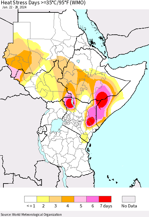 Eastern Africa Heat Stress Days >=35°C/95°F (WMO) Thematic Map For 1/22/2024 - 1/28/2024