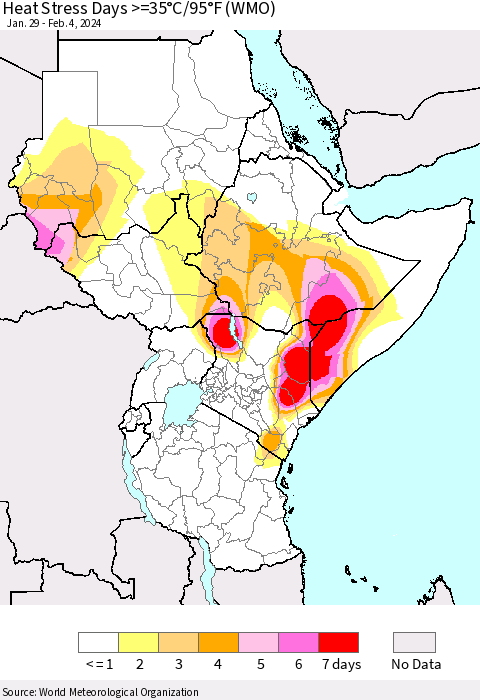 Eastern Africa Heat Stress Days >=35°C/95°F (WMO) Thematic Map For 1/29/2024 - 2/4/2024
