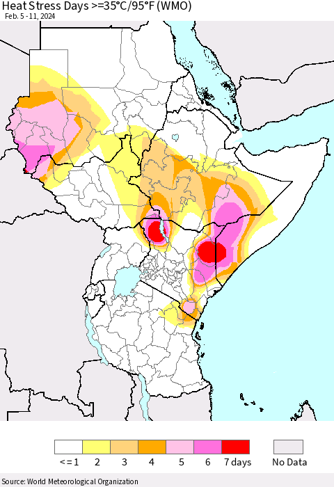 Eastern Africa Heat Stress Days >=35°C/95°F (WMO) Thematic Map For 2/5/2024 - 2/11/2024