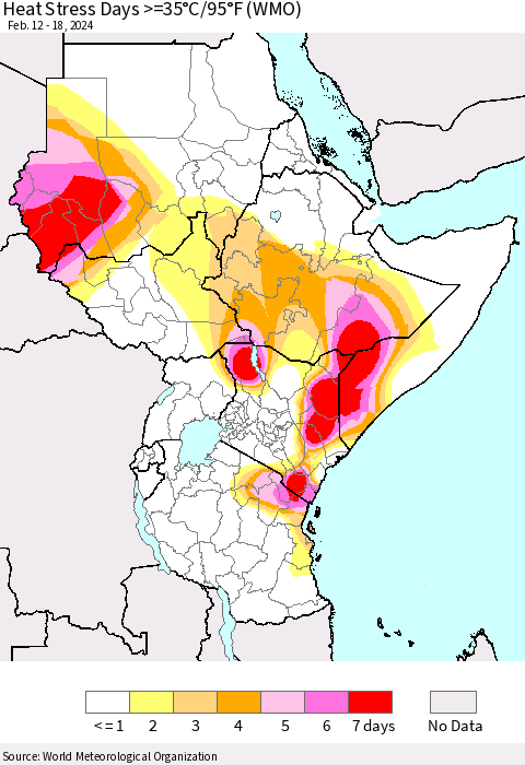 Eastern Africa Heat Stress Days >=35°C/95°F (WMO) Thematic Map For 2/12/2024 - 2/18/2024