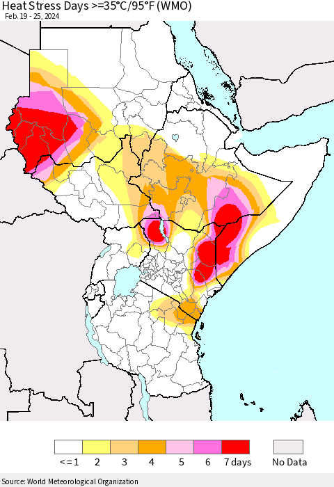 Eastern Africa Heat Stress Days >=35°C/95°F (WMO) Thematic Map For 2/19/2024 - 2/25/2024
