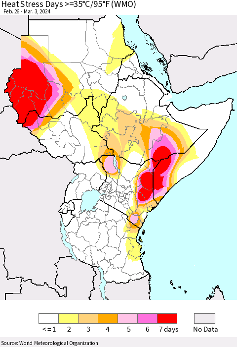 Eastern Africa Heat Stress Days >=35°C/95°F (WMO) Thematic Map For 2/26/2024 - 3/3/2024