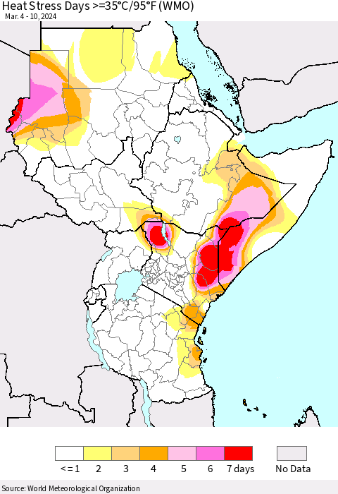 Eastern Africa Heat Stress Days >=35°C/95°F (WMO) Thematic Map For 3/4/2024 - 3/10/2024
