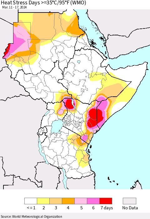 Eastern Africa Heat Stress Days >=35°C/95°F (WMO) Thematic Map For 3/11/2024 - 3/17/2024