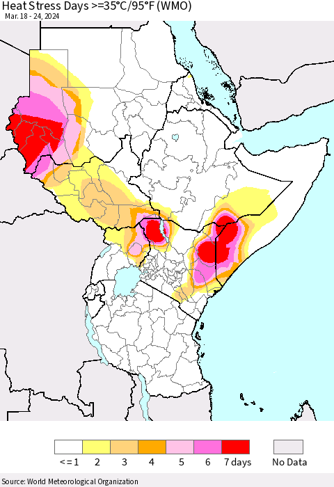 Eastern Africa Heat Stress Days >=35°C/95°F (WMO) Thematic Map For 3/18/2024 - 3/24/2024